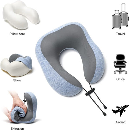 Travel Pillow Memory Foam Neck Pillow, Skin-Friendly and Breathable Pillowcase with 3D Eye Mask, Earplugs and Portable Storage Bag, Suitable for Airplane, Train and Home Use