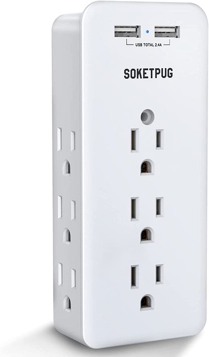 Surge Protector Outlet Extender, USB Wall Charger,  Multi Plug Outlet with 2 USB Charging Ports(Smart 2.4A Total), 9 AC Outlet Splitter Mountable, 3 Sided Plug Extender, Dorm Room Essentials