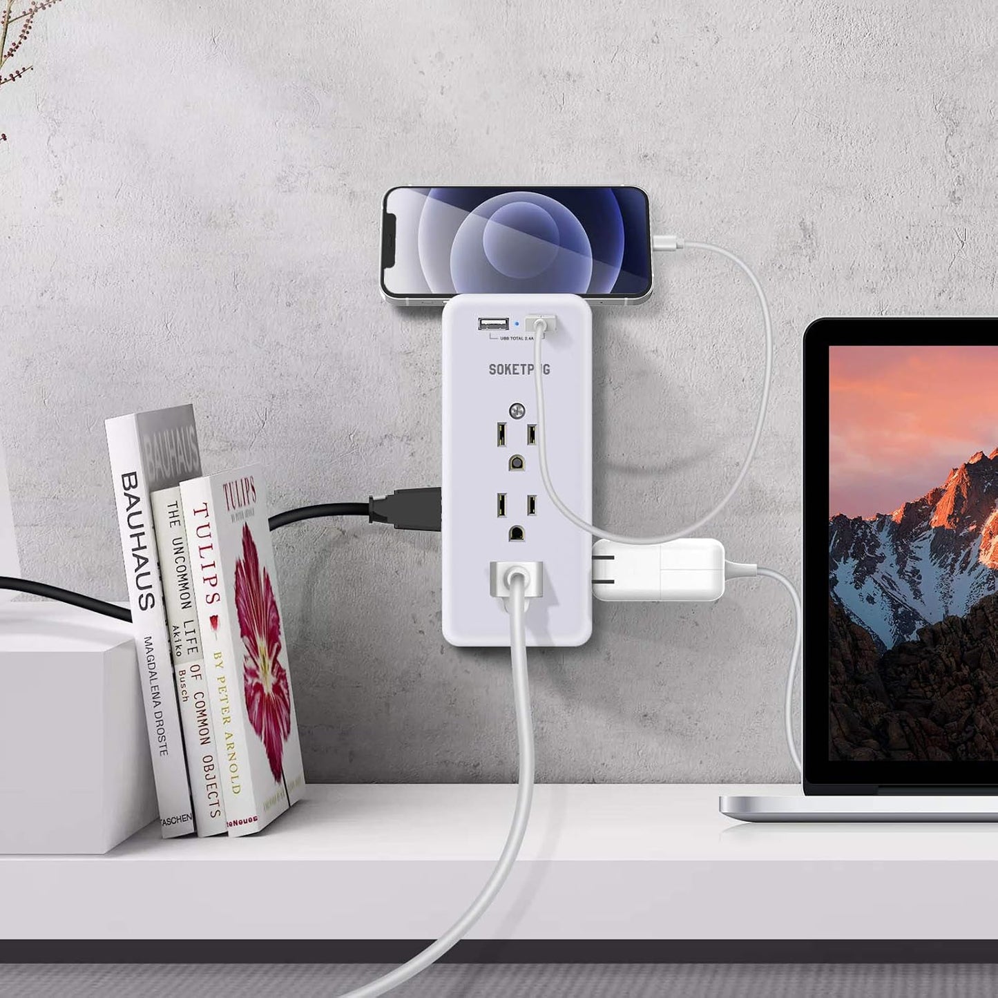 Surge Protector Outlet Extender, USB Wall Charger,  Multi Plug Outlet with 2 USB Charging Ports(Smart 2.4A Total), 9 AC Outlet Splitter Mountable, 3 Sided Plug Extender, Dorm Room Essentials