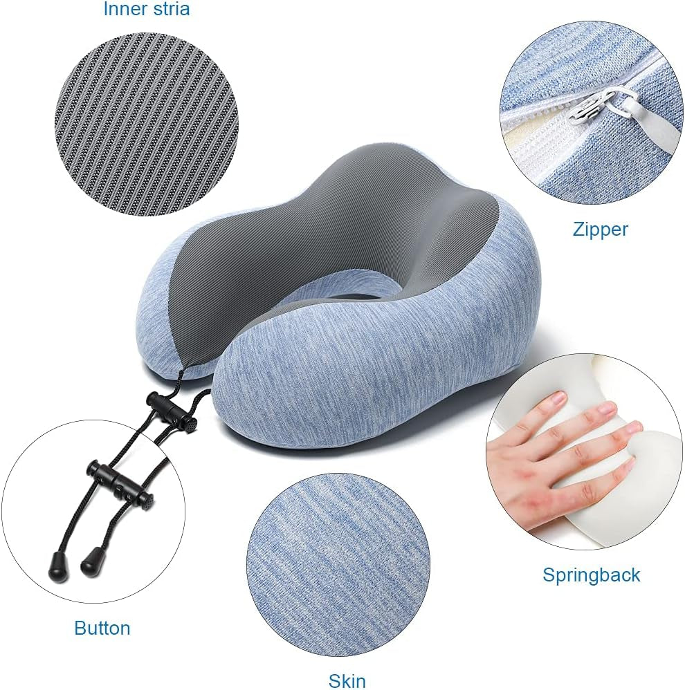 Travel Pillow Memory Foam Neck Pillow, Skin-Friendly and Breathable Pillowcase with 3D Eye Mask, Earplugs and Portable Storage Bag, Suitable for Airplane, Train and Home Use