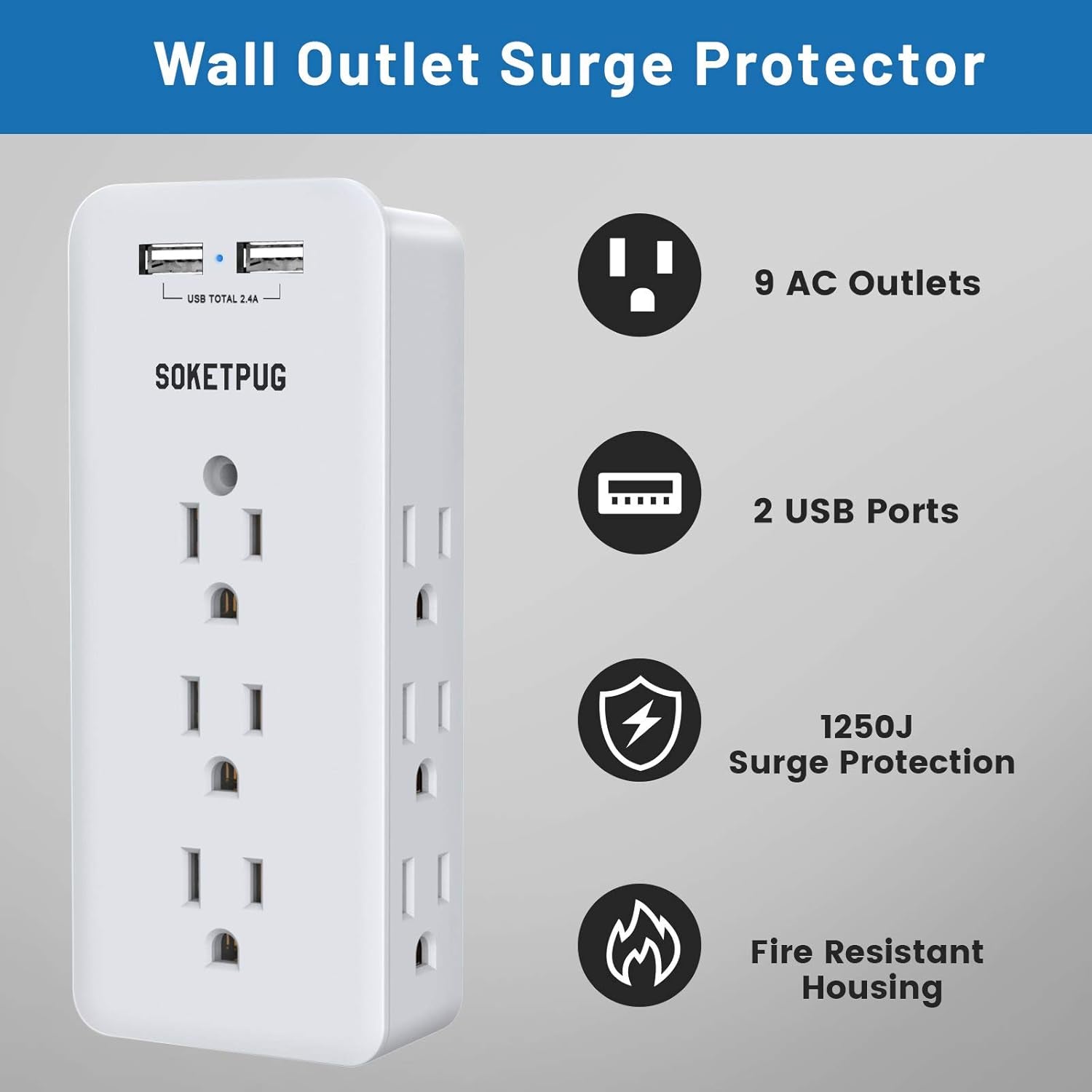 Surge Protector Outlet Extender, USB Wall Charger,  Multi Plug Outlet with 2 USB Charging Ports(Smart 2.4A Total), 9 AC Outlet Splitter Mountable, 3 Sided Plug Extender, Dorm Room Essentials