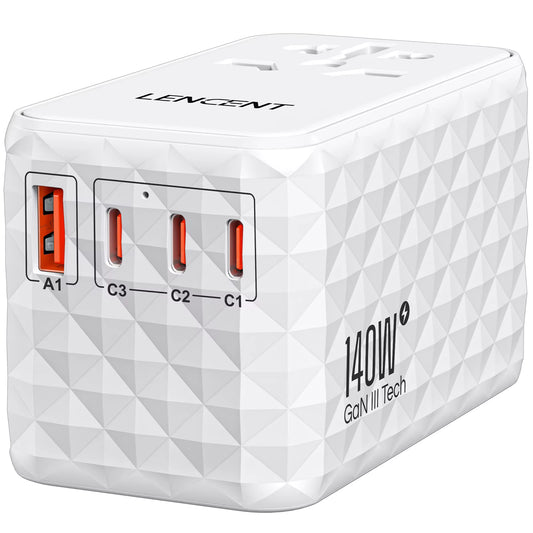 140W Gan Universal Travel Adapter with 1USB-A Ports 3 Type C Fast Charging Power Adapter EU/UK/USA/AUS Plug for Travel