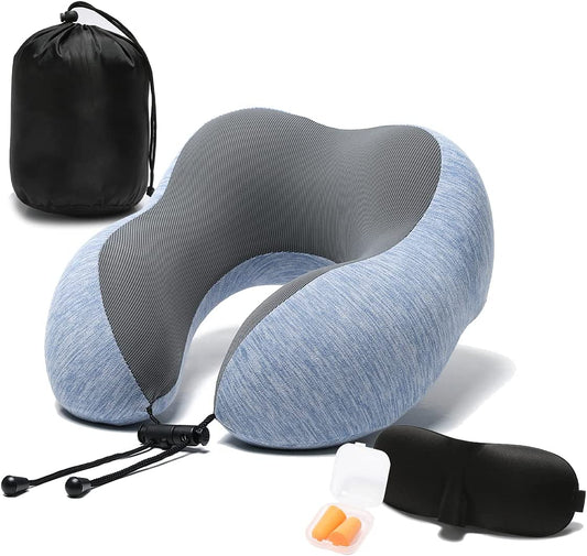 Travel Pillow Memory Foam Neck Pillow, Skin-Friendly and Breathable Pillowcase with 3D Eye Mask, Earplugs and Portable Storage Bag, Suitable for Airplane, Train and Home Use